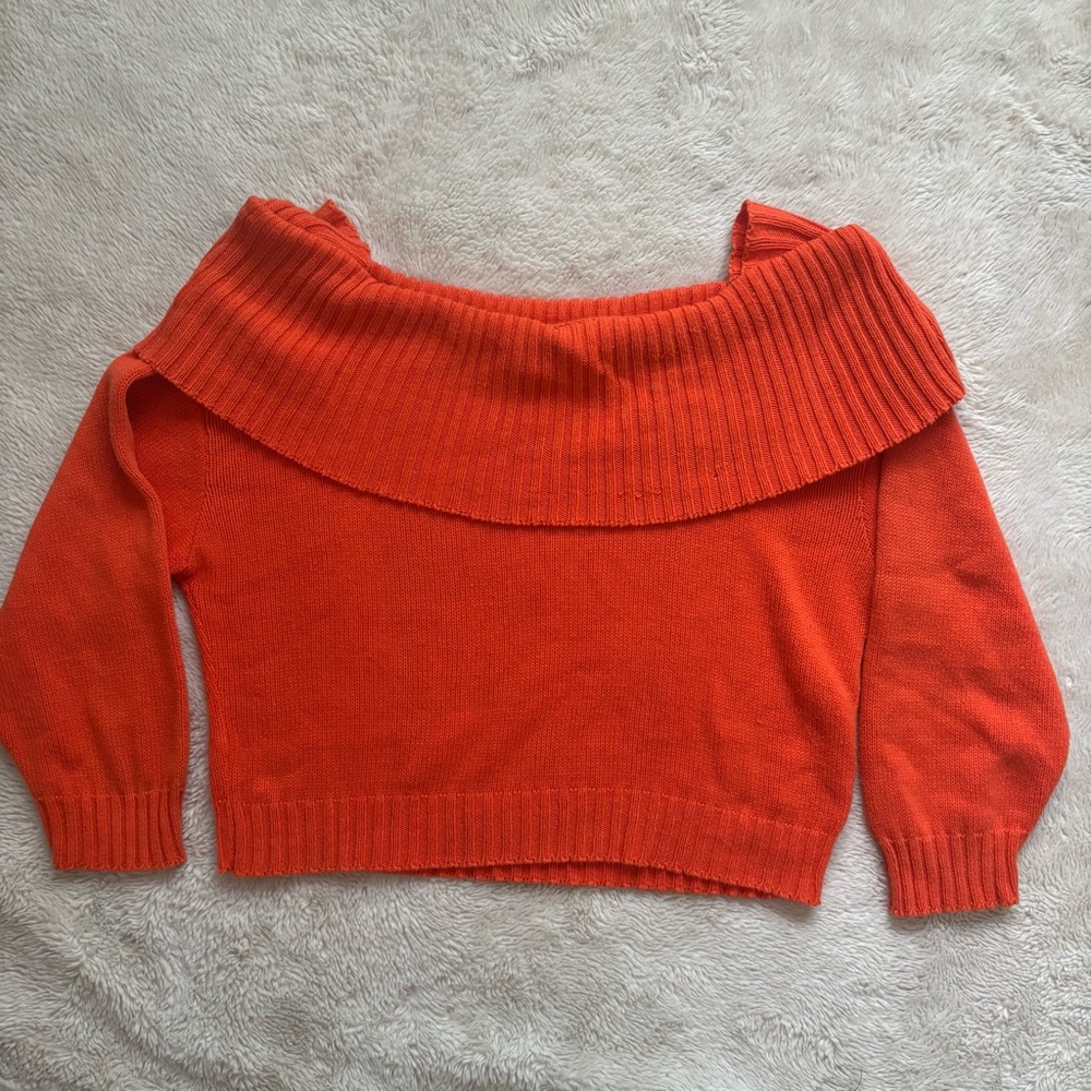 Vintage orange statement knit off the shoulder sweater